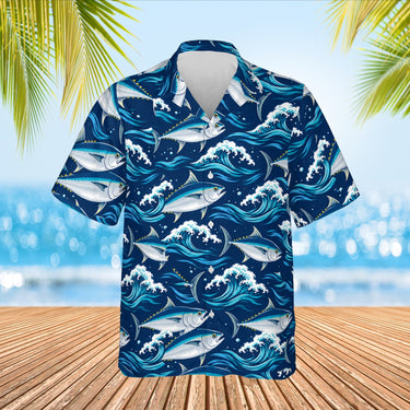 Tuna Waves Fishing Hawaiian Shirt print before personalizing, front view