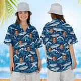 Woman wearing the Tuna Waves Fishing Hawaiian Shirt with custom faces, front and back view