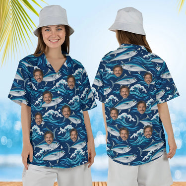 Woman wearing the Tuna Waves Fishing Hawaiian Shirt with custom faces, front and back view