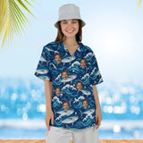 Woman wearing the Tuna Waves Fishing Hawaiian Shirt with custom faces