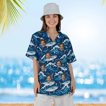 Woman wearing the Tuna Waves Fishing Hawaiian Shirt with custom faces