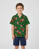 Turkey Bowl Football Thanksgiving Hawaiian Shirt with printed faces, worn by a child
