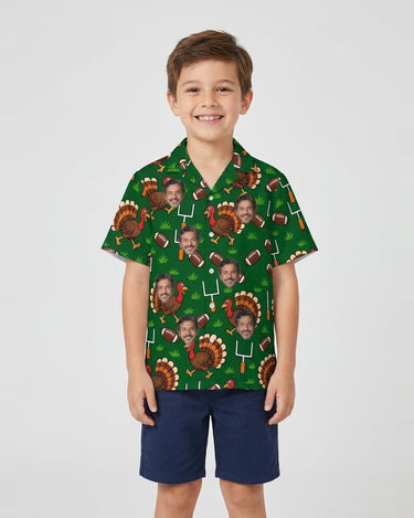Turkey Bowl Football Thanksgiving Hawaiian Shirt with printed faces, worn by a child
