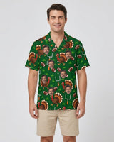 Turkey Bowl Football Thanksgiving Hawaiian Shirt with printed faces, worn by a man