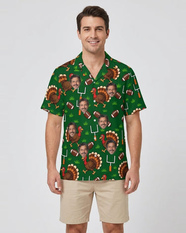 Turkey Bowl Football Thanksgiving Hawaiian Shirt with printed faces, worn by a man