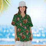 Woman wearing the Turkey Bowl Football Thanksgiving Hawaiian Shirt with custom faces