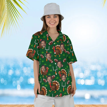 Woman wearing the Turkey Bowl Football Thanksgiving Hawaiian Shirt with custom faces