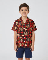 Turkey Buffalo Plaid Thanksgiving Hawaiian Shirt with printed faces, worn by a child