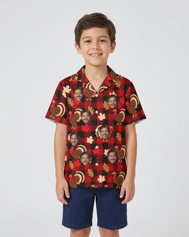 Turkey Buffalo Plaid Thanksgiving Hawaiian Shirt with printed faces, worn by a child
