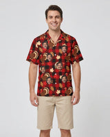 Turkey Buffalo Plaid Thanksgiving Hawaiian Shirt with printed faces, worn by a man