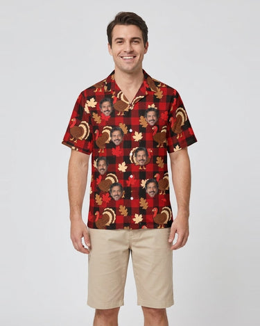 Turkey Buffalo Plaid Thanksgiving Hawaiian Shirt with printed faces, worn by a man
