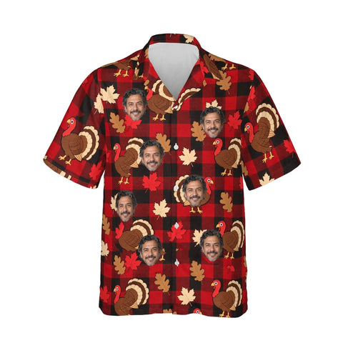 Turkey Buffalo Plaid Thanksgiving Hawaiian Shirt personalized with printed faces, front view