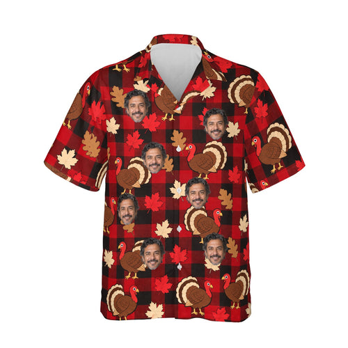 Turkey Buffalo Plaid Thanksgiving Hawaiian Shirt personalized with printed faces, front view