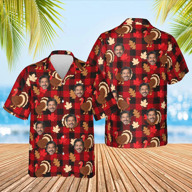Turkey Buffalo Plaid Thanksgiving Hawaiian Shirt with custom faces, front and back
