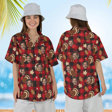 Woman wearing the Turkey Buffalo Plaid Thanksgiving Hawaiian Shirt with custom faces, front and back view