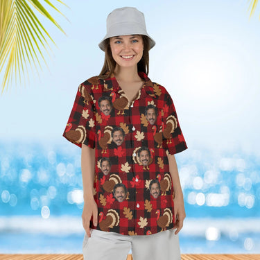 Woman wearing the Turkey Buffalo Plaid Thanksgiving Hawaiian Shirt with custom faces