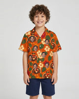 Turkey in Shades Thanksgiving Hawaiian Shirt with printed faces, worn by a child