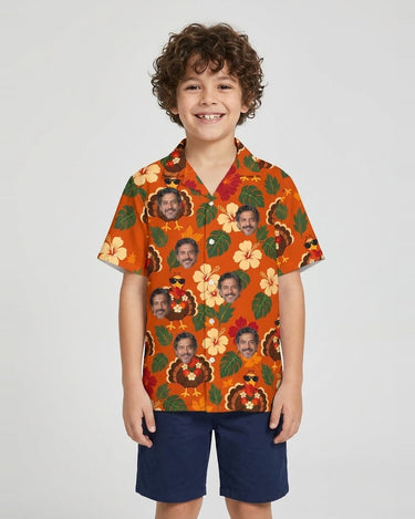 Turkey in Shades Thanksgiving Hawaiian Shirt with printed faces, worn by a child