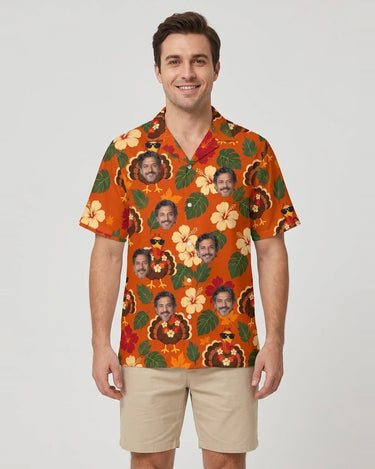 Turkey in Shades Thanksgiving Hawaiian Shirt with printed faces, worn by a man