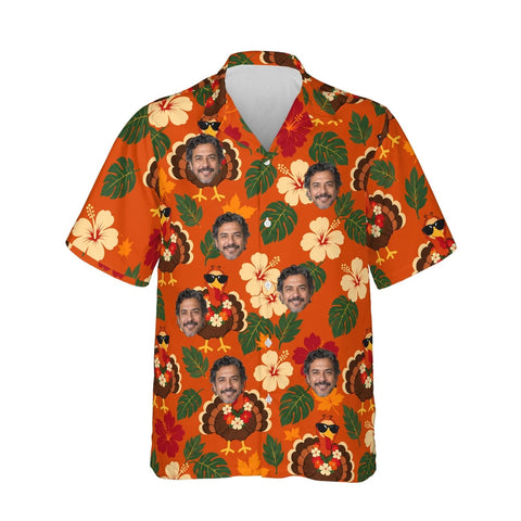 Turkey in Shades Thanksgiving Hawaiian Shirt personalized with printed faces, front view