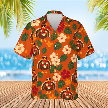 Turkey in Shades Thanksgiving Hawaiian Shirt print before personalizing, front view