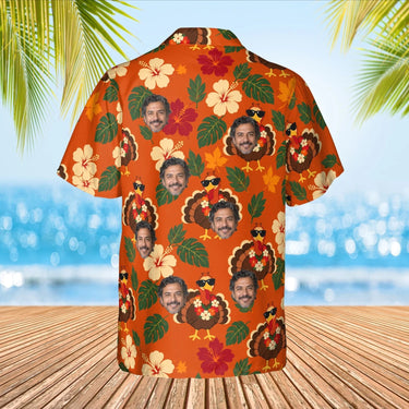 Turkey in Shades Thanksgiving Hawaiian Shirt with custom faces, back view