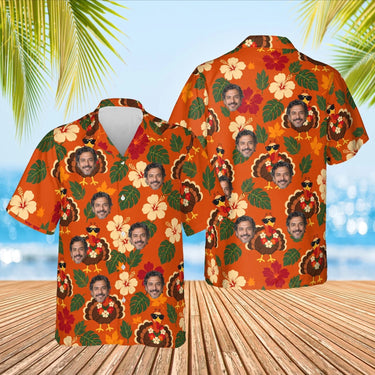 Turkey in Shades Thanksgiving Hawaiian Shirt with custom faces, front and back
