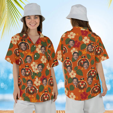 Woman wearing the Turkey in Shades Thanksgiving Hawaiian Shirt with custom faces, front and back view