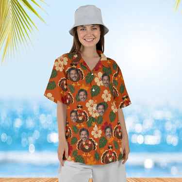 Woman wearing the Turkey in Shades Thanksgiving Hawaiian Shirt with custom faces