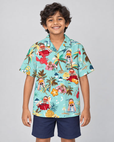 Turquoise Tropical Island Hawaiian shirt with printed faces, worn by a child