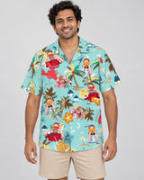 Turquoise Tropical Island Hawaiian shirt with printed faces, worn by a man