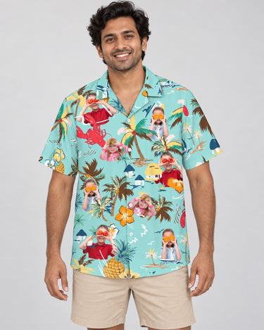 Turquoise Tropical Island Hawaiian shirt with printed faces, worn by a man