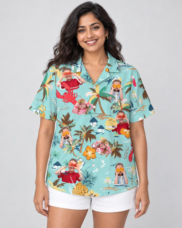 Turquoise Tropical Island Hawaiian shirt with printed faces, worn by a woman