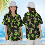 Woman wearing the UFO Abduction Sci-Fi Hawaiian Shirt with custom faces, front and back view
