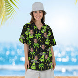 Woman wearing the UFO Abduction Sci-Fi Hawaiian Shirt with custom faces