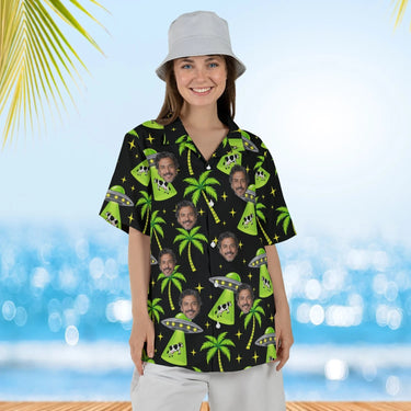 Woman wearing the UFO Abduction Sci-Fi Hawaiian Shirt with custom faces