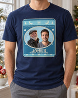 Navy custom face photo Christmas shirt with two portraits inside a stitched oval, blue Nordic bands, reindeer and snowflake motifs
