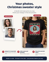 Three steps to customize a Christmas sweater print photo tee: upload portraits, add a name and greeting, and choose print and shirt colors