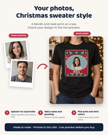 Three steps to customize a Christmas sweater print photo tee: upload portraits, add a name and greeting, and choose print and shirt colors