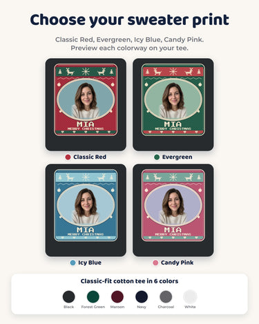Classic Red, Evergreen, Icy Blue and Candy Pink print colorways for a Christmas portrait tee, with six available shirt colors