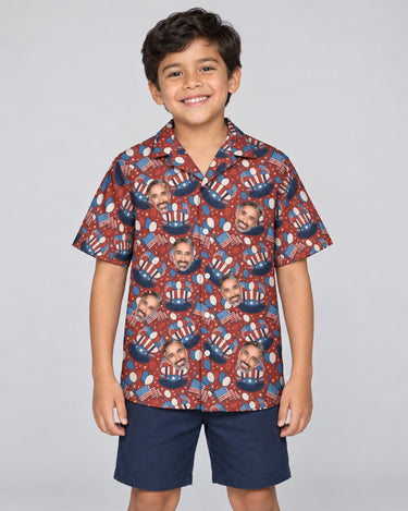 Uncle Sam Celebration Hawaiian shirt with printed faces, worn by a child