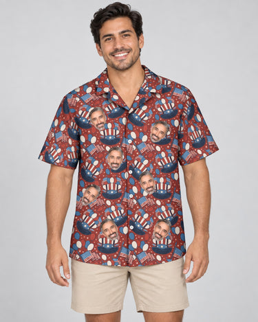 Uncle Sam Celebration Hawaiian shirt with printed faces, worn by a man