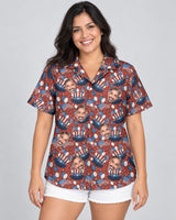 Uncle Sam Celebration Hawaiian shirt with printed faces, worn by a woman