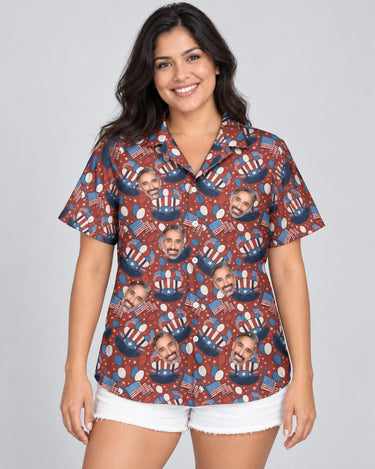 Uncle Sam Celebration Hawaiian shirt with printed faces, worn by a woman