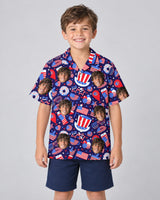 Uncle Sam USA Party Hawaiian shirt with printed faces, worn by a child