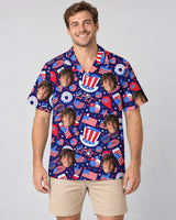 Uncle Sam USA Party Hawaiian shirt with printed faces, worn by a man