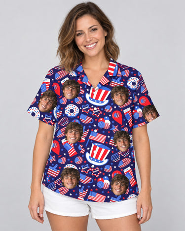 Uncle Sam USA Party Hawaiian shirt with printed faces, worn by a woman