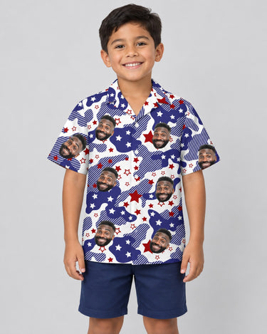 USA Flag Aloha Hawaiian shirt with printed faces, worn by a child