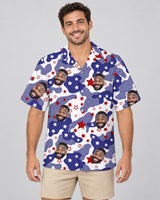 USA Flag Aloha Hawaiian shirt with printed faces, worn by a man
