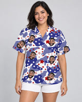 USA Flag Aloha Hawaiian shirt with printed faces, worn by a woman